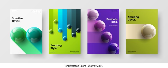 Colección de diseño de vectores de diseño de folletos A4 de diseño brillante. Esferas 3D modernas paquete de plantillas de portada corporativa.