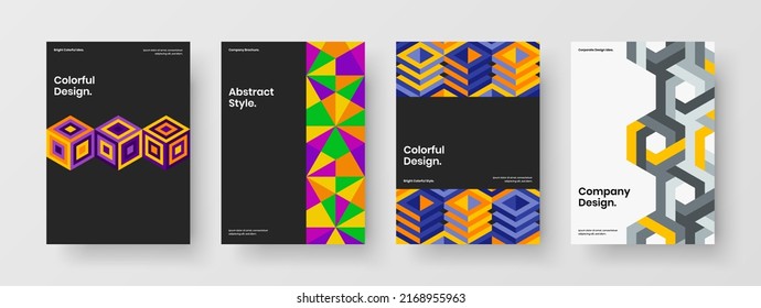 Bright booklet A4 vector design concept set. Clean mosaic hexagons company cover layout collection.