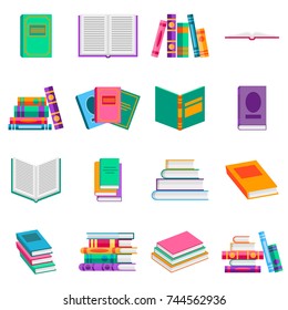 Bright  books and reading documents in flat style. Opened textbook and dictionary icons set. Vector illustration, isolated