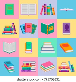 Bright  books and reading documents icons set in flat style. Opened textbook and dictionary signs collection. Vector illustration