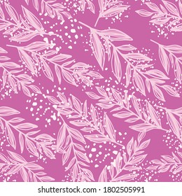 Bright botanic branch silhouettes seamless pattern. Leaves ornament on background with splashes. Lilac palette artwork. For wallpaper, textile, wrapping paper, fabric print. Vector illustration.