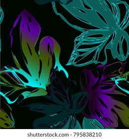 

Bright botanic purple silhouette pattern.flower jungle  plant. Vintage nature seamless on deep green background. Ink drawing sketch textile print.  Trendy flower lined design.Swimsuit beach fashion
