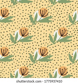 Bright botanic seamless pattern with orange dandelion. Pastel yellow background with dots. Vector illustration. Designed for textile, wallpaper, wrapping paper, fabric design.