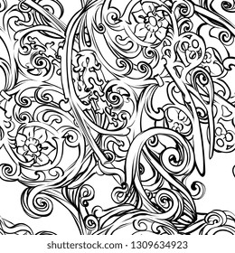 
Bright botanical black and white pattern. Noble flower plant. Vintage nature seamless ornament on white colored background.Hand drawing oriental color print for textile.Trendy flower lined design.