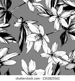 
Bright botanical black and white silhouette pattern. Noble anemone flower plant. Vintage nature seamless on grey colored background. Ink drawing sketch print for textile. Trendy flower lined design.