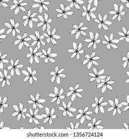 
Bright botanical black and white silhouette pattern. Noble flower plant. Vintage nature seamless on grey colored background. Ink drawing sketch print for textile. Trendy anemone flower lined design.