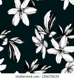 
Bright botanical black and white silhouette pattern. Noble flower plant. Vintage nature seamless on green colored background. Ink drawing sketch print for textile. Trendy anemone flower lined design.