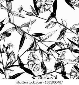 
Bright botanical black and white silhouette pattern. Noble flower plant. Vintage nature seamless on white colored background. Ink drawing sketch print for textile. Bright botanical black and white si