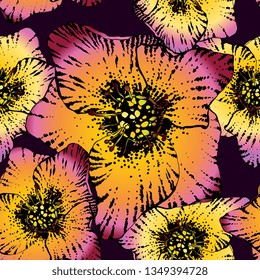 
Bright botanical blossom silhouette pattern. Noble flower jungle  plant. Vintage nature seamless on purple colored background. Gradient  print for textile. Trendy flower black lined design.