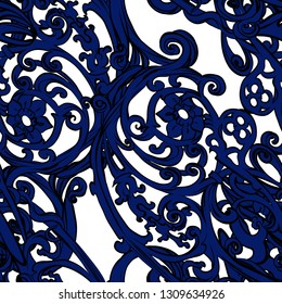 
Bright botanical blue silhouette pattern. Noble flower plant. Vintage nature seamless ornament on white colored background.Hand drawing oriental color print for textile.Trendy flower lined design.