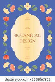 Borde botánico brillante con flores rojas, amarillas y de melocotón, hojas verdes y marco beige sobre fondo azul. Diseño floral decorativo para tarjeta, cartel, invitación, Plantilla de diseño.