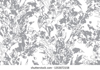 Bright botanical gray silhouette pattern. Noble flower plant. Vintage nature seamless on white  colored background. Ink drawing sketch print for textile. Trendy flower lined design. - Vector