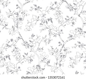 Bright botanical gray silhouette pattern. Noble flower plant. Vintage nature seamless on white  colored background. Ink drawing sketch print for textile. Trendy flower lined design. - Vector