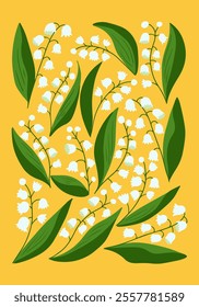 Bright botanical illustration of lily of the valley flowers with green leaves arranged on vibrant yellow background, creating cheerful springtime design. Retro 60s style vector poster