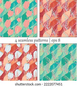 Bright botanical patterns, set of 4 seamless hand drawn floral patterns, pink and white flowers and leaves on green and red background, kineart with coloring, vector graphics