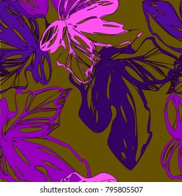 
Bright botanical purple silhouette pattern. Noble flower jungle  plant. Vintage nature seamless on pistachio colored background. Ink drawing sketch print for textile. Trendy flower lined design.