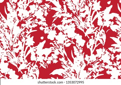 Bright botanical red silhouette pattern. Noble flower plant. Vintage nature seamless on white  colored background. Ink drawing sketch print for textile. Trendy flower lined design. - Vector
