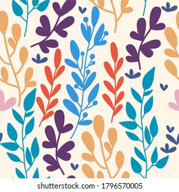 Luminoso patrón sin costura botánico, ramas de colores vivos y hojas sobre un fondo beige claro, ideal para dibujar tejidos, papel envolvente, decoración interior, postal o afiche