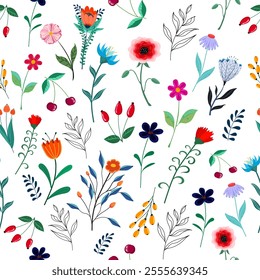 Bright botanical seamless pattern with colorful flowers and berries: carnations, tulips, asters, daisies, rosehips, gooseberries, cherries, sea buckthorn, leaves and twigs on white background. 
