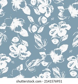 Bright botanical silhouette pattern. Noble flower plant. Vintage nature seamless on blue colored background. Ink drawing sketch print for textile. Trendy flower lined design.