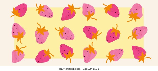 Bright botanical strawberry background with abstract strawberries. Small berries and leaves with texture on a yellow background. Berries. Modern design for print, cover, banner, fabric.	
