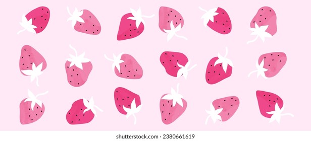 Bright botanical strawberry background with abstract strawberries. Small berries and leaves with texture on a yellow background. Berries. Modern design for print, cover, banner, fabric.	