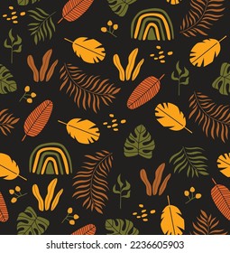 Bright botanical tropical pattern. Vector seamless background with exotic plants. Summer pattern. Lots of tropical foliage. fabric, paper, wallpaper