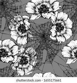 
Bright botanical white and black silhouette pattern. Noble anemone flower plant. Vintage nature seamless on grey colored background. Ink drawing spider web for textile. Trendy flower lined design.