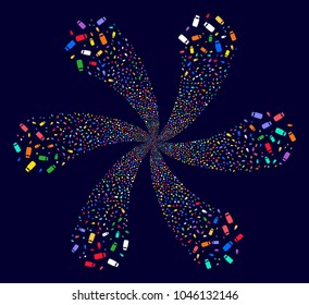 Bright Bottle explosion flower with six petals on a dark background. Psychedelic cycle composed from scatter bottle symbols.