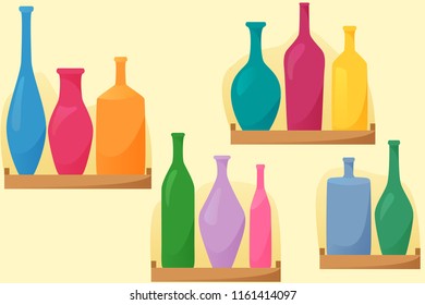Bright bottles on shelfs, seamless pattern with bottles, flat style decoration, vector illustration