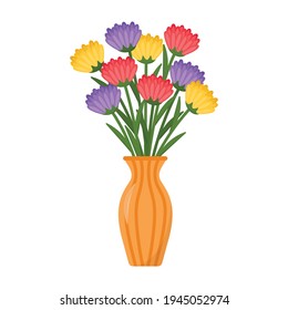 Bright bouquet of asters in vase, vector illustration