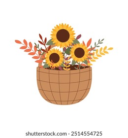 Bright bouquet of autumn flowers with sunflower in basket. Vector illustration for seasonal designs, fall decorations, and festive greeting cards