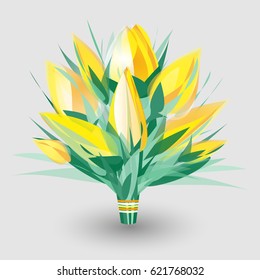 Bright bouquet of colorful yellow tulip buds with leaves. Spring floral composition in bright spring colors isolated on gray background.