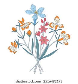 Ramo brillante de diferentes flores silvestres. Manojo de flores de prado, plantas silvestres en flor, hierbas. Elementos botánicos dibujados a mano para proyectos de diseño. Ilustración vectorial