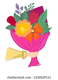 Bright bouquet of flowers for the holiday. Mother's Day card. Vector, illustration.