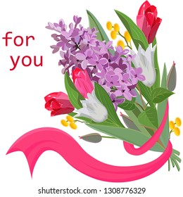 bright bouquet of lilac, red and white tulips, Mimosa twigs with ribbon and words for you on white background
