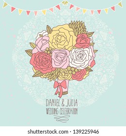Bright bouquet made of roses in vector. Stylish wedding invitation card. Save the date card