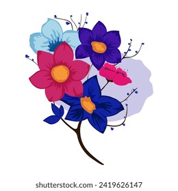  Bright Bouquet of mixed blue, pink and blue flowers on white isolated background for flat style postcard and poster