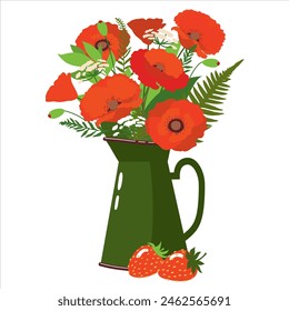 A bright bouquet of red poppies with forest flowers in a pot. Garden poppies in a green enameled teapot. Summer still life with poppy flowers in a vase and ripe strawberries. Vector illustration.