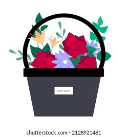 Bright bouquet of red roses and flowers in a black gift box. Present. Holiday on March 8th, valentine's day, wedding, birthday. Hand drawn vector illustration, isolated on white background