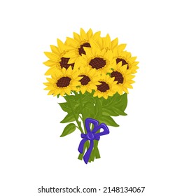 Bright bouquet of sunflower flowers with yellow petals, leaves and bow. Element of nature, plant for decoration and design, gift for holiday. Vector flat illustration