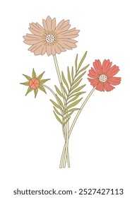 Bright bouquet of three cosmea flowers with leaves. Bunch of blooming perennial wild plants. Botanical hand-drawn elements for design projects. Vector illustration