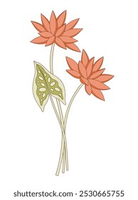 Ramo brillante de dos flores de ninfa con hoja. Manojo de plantas silvestres de agua en flor. Elementos botánicos dibujados a mano para proyectos de diseño. Ilustración vectorial
