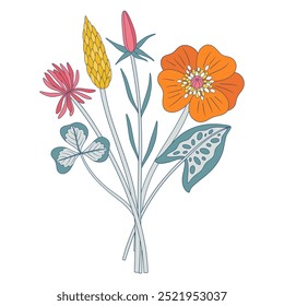 Bright bouquet of wildflowers. Bunch with anemone, clover, different meadow flowers, and blooming wild plants. Botanical hand-drawn elements for design projects. Vector illustration