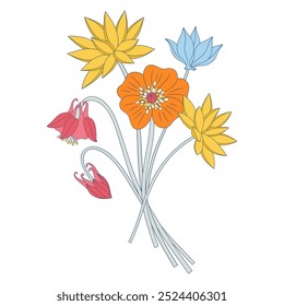 Bouquet brilhante de flores silvestres. Bunch com anêmona, aquilegia, ciclamen, flores de prado diferentes, e florescendo plantas selvagens. Elementos botânicos desenhados à mão para projetos de design. Ilustração vetorial