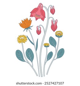 Ramo brillante de flores silvestres. Manojo con aquilegia, diferentes flores de prado, plantas silvestres en flor y hierbas. Elementos botánicos dibujados a mano para proyectos de diseño. Ilustración vectorial