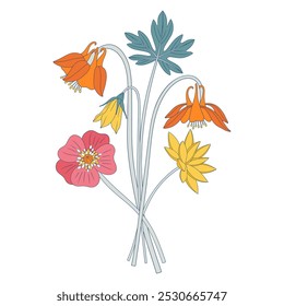 Ramo brillante de flores silvestres. Manojo de aquilegia, campanilla, anémona, diferentes flores de prado, plantas silvestres en flor y hierbas. Elementos botánicos dibujados a mano para proyectos de diseño. Ilustración vectorial