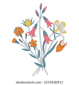 Bright bouquet of wildflowers. Bunch with bellflower, different meadow flowers, and blooming wild plants. Botanical hand-drawn elements for design projects. Vector illustration