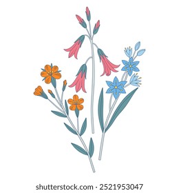 Ramo brillante de flores silvestres. Manojo con campanilla, gagea, diferentes flores de prado y plantas silvestres en flor. Elementos botánicos dibujados a mano para proyectos de diseño. Ilustración vectorial