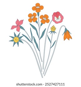 Ramo brillante de flores silvestres. Manojo con campanilla, pansy, matthiola, diferentes flores de prado y plantas silvestres en flor. Elementos botánicos dibujados a mano para proyectos de diseño. Ilustración vectorial